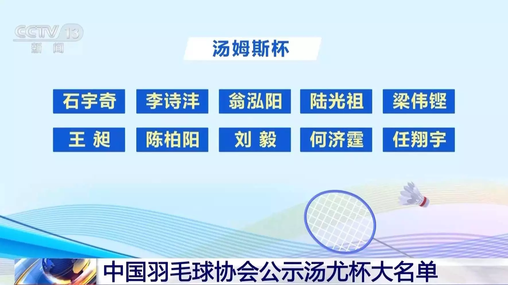 中国羽毛球协会公示汤尤杯大名单 男女各10人